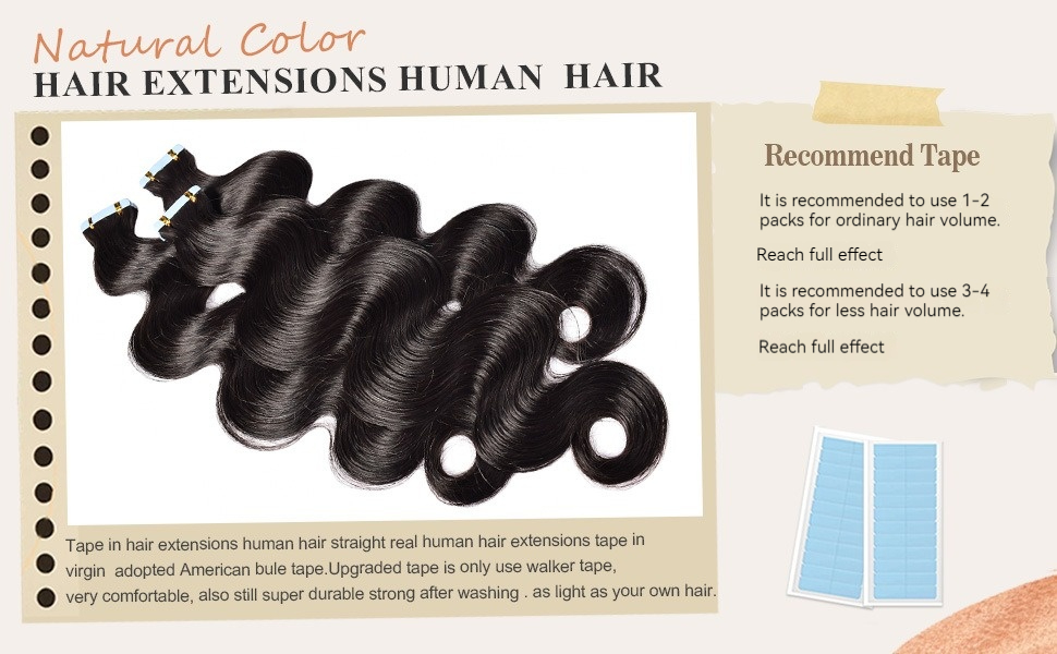 Human hair tape hair extensions designed for a seamless, invisible look